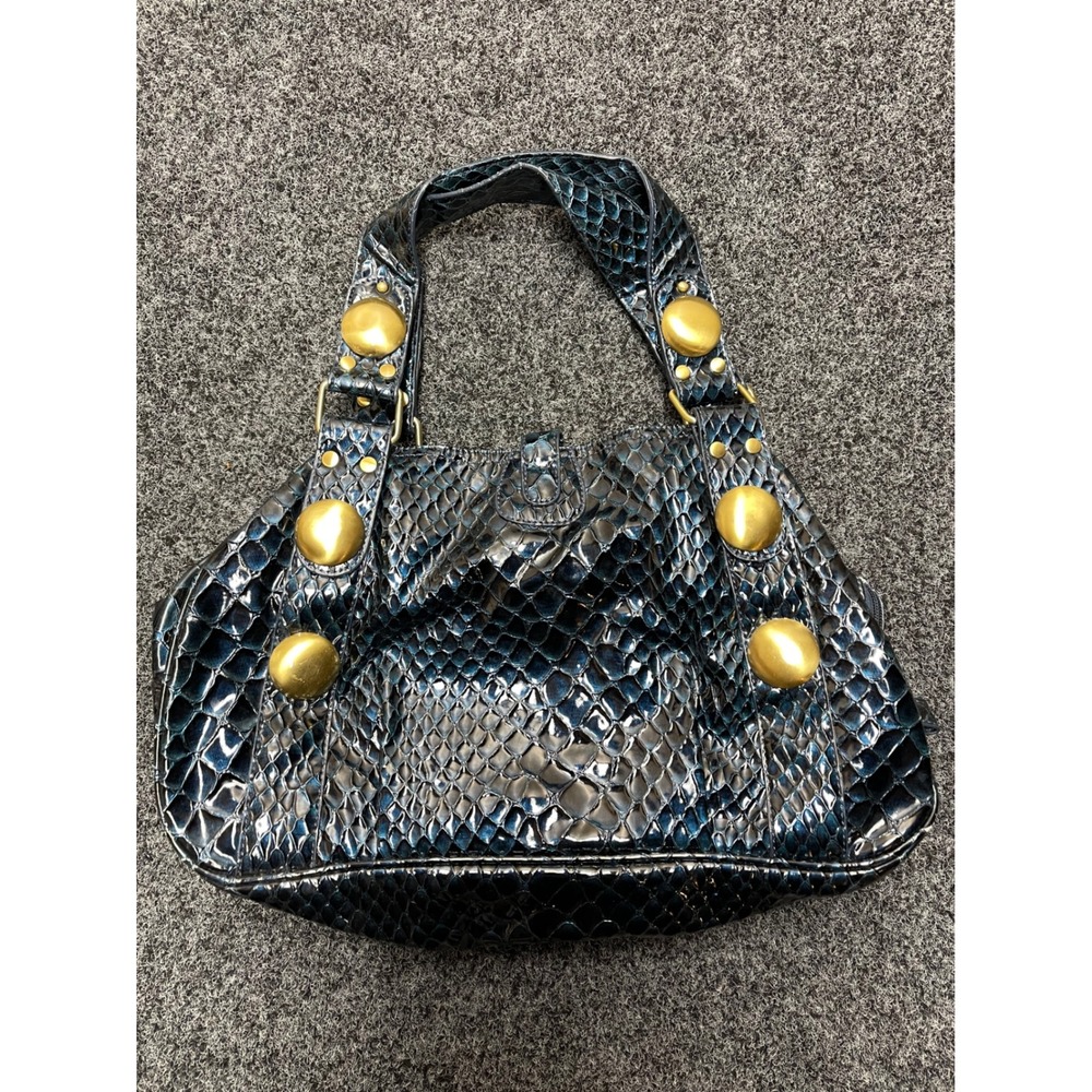Big Buddha Blue Iridescent Snakeskin Satchel Bag Gold Studded Shoulder Bag